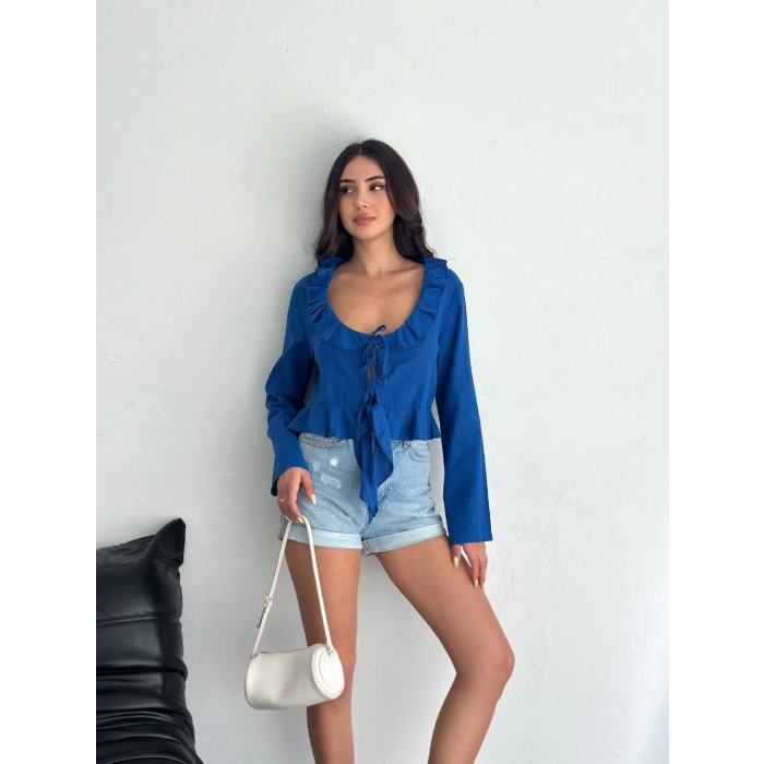 Keten Uzun Kol Bağacık Detaylı Bluz - Lacivert