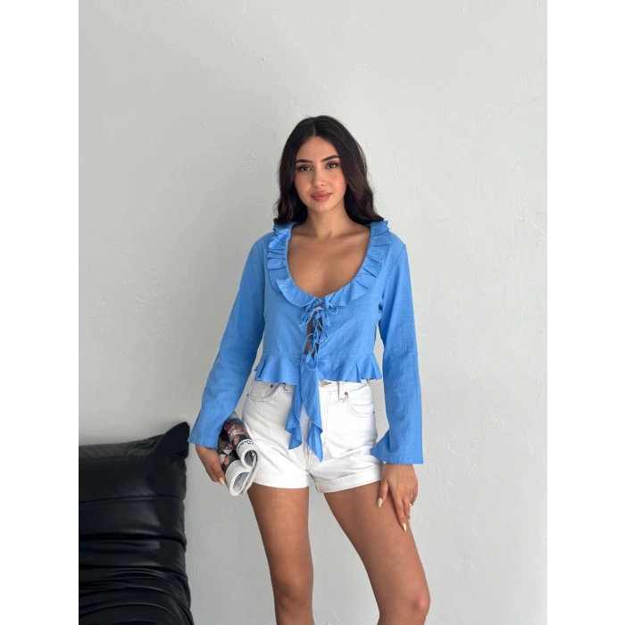 Keten Uzun Kol Bağacık Detaylı Bluz - Mavi