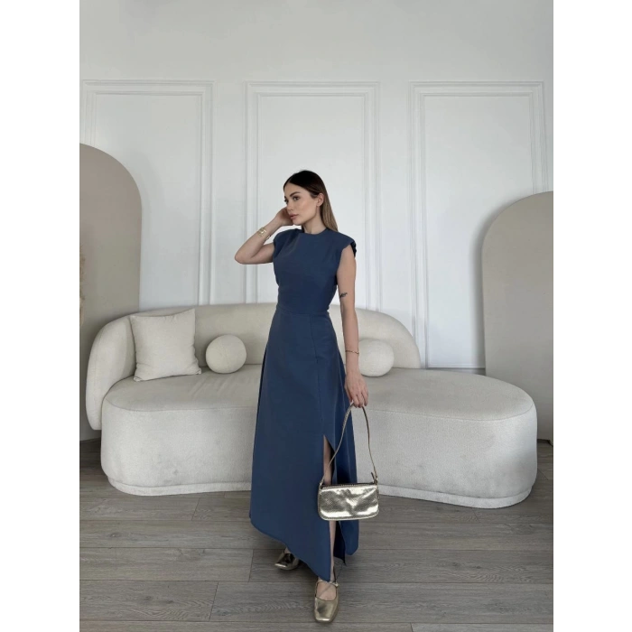 Keten Yandan Yırtmaçlı Uzun Elbise Sıfır Kol Elbise - Mavi