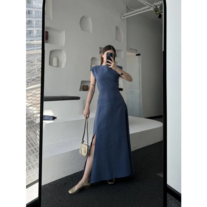 Keten Yandan Yırtmaçlı Uzun Elbise Sıfır Kol Elbise - Mavi