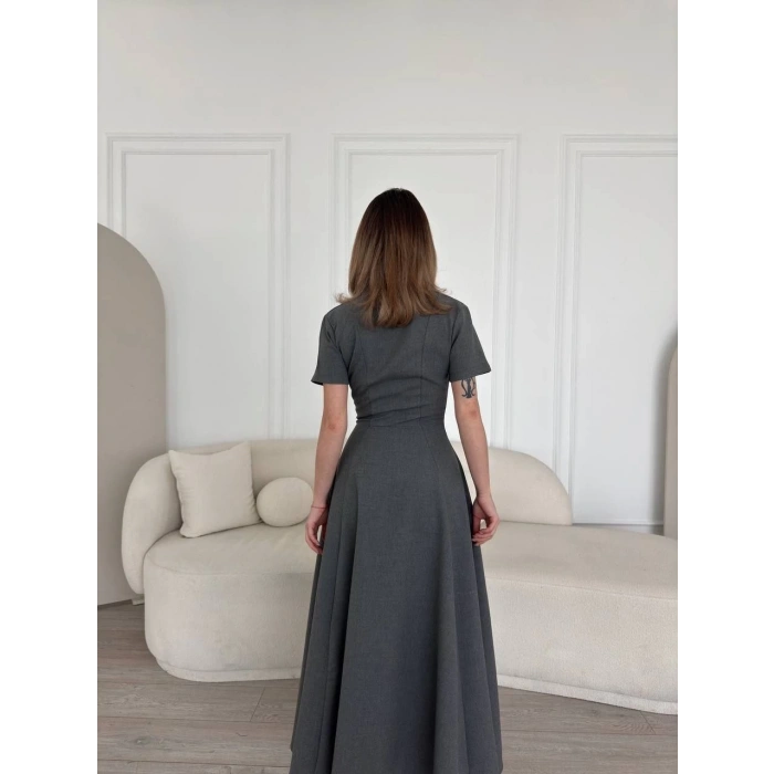 Kısa Kollu Önden Fermuarlı Çan Etekli Uzun Elbise - Antrasit
