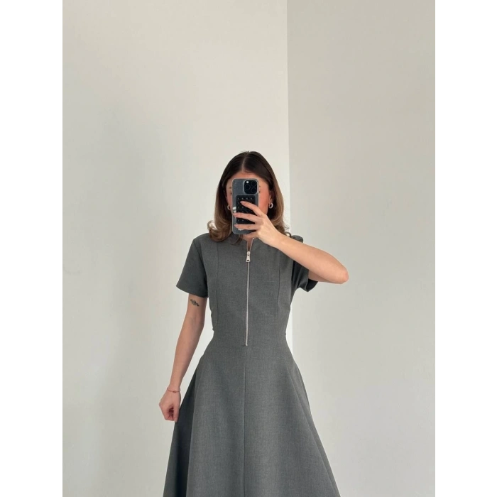 Kısa Kollu Önden Fermuarlı Çan Etekli Uzun Elbise - Antrasit