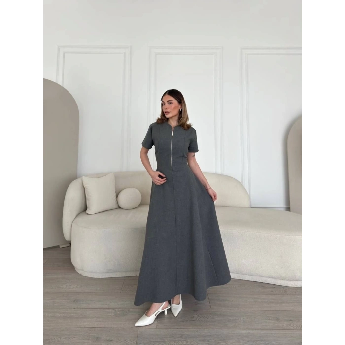 Kısa Kollu Önden Fermuarlı Çan Etekli Uzun Elbise - Antrasit