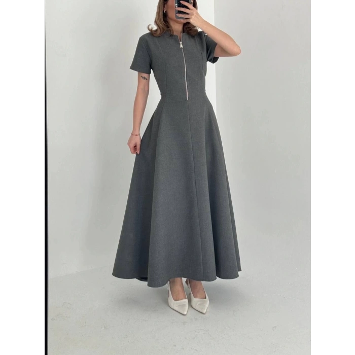 Kısa Kollu Önden Fermuarlı Çan Etekli Uzun Elbise - Antrasit