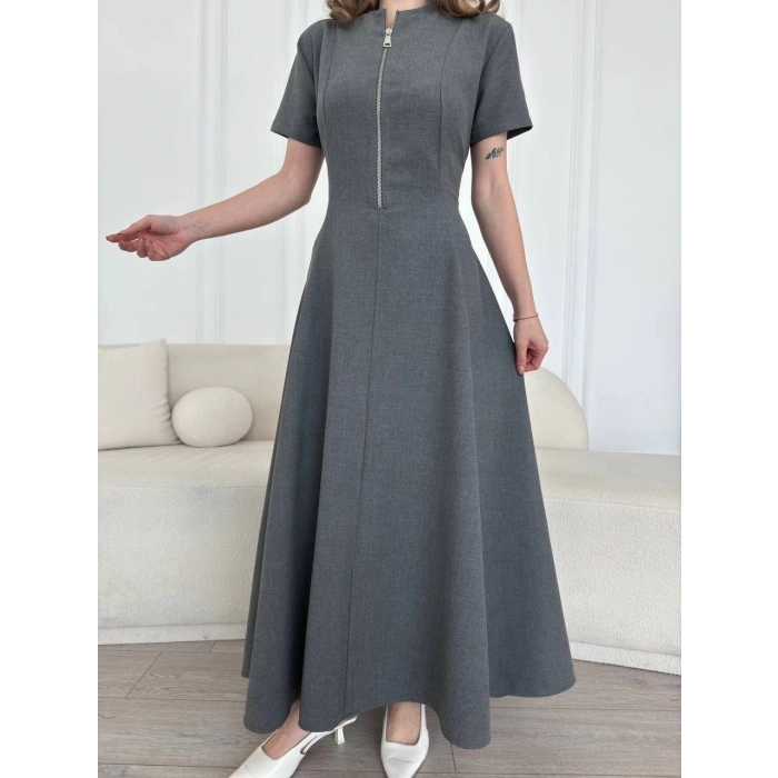 Kısa Kollu Önden Fermuarlı Çan Etekli Uzun Elbise - Antrasit