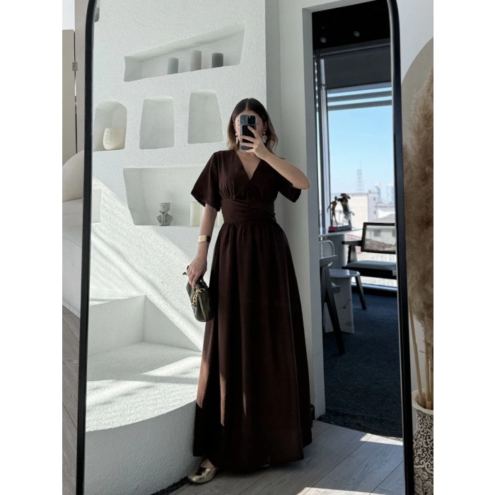 Kısa Kollu Uzun Elbise - Kahve