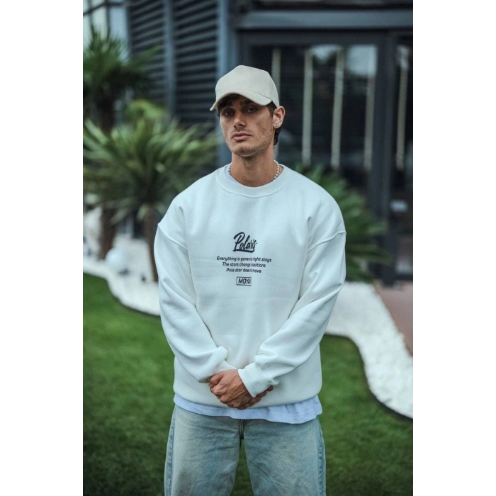 Kışlık Bisiklet Yaka Ön Ve Arka Baskılı SweatShirt - Beyaz