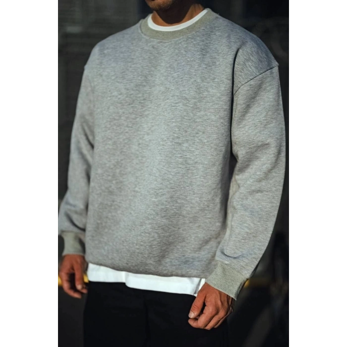Kışlık Bisiklet Yaka Üç İplik Basic SweatShirt - Gri