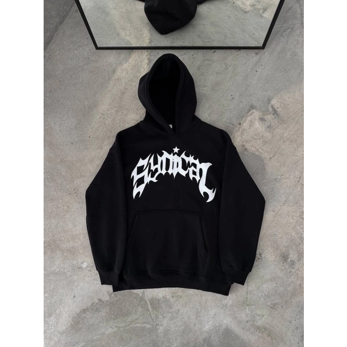 Kışlık Kapüşonlu Baskılı Oversize SweatShirt- Siyah