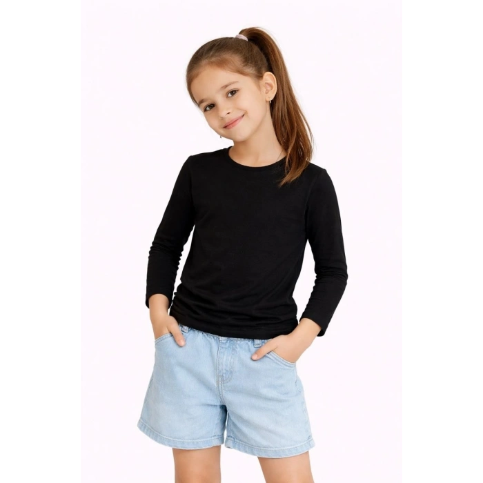 Kız Çocuk Basic Uzun Kollu Tişört Okul Günlük Rahat T-Shirt - Siyah