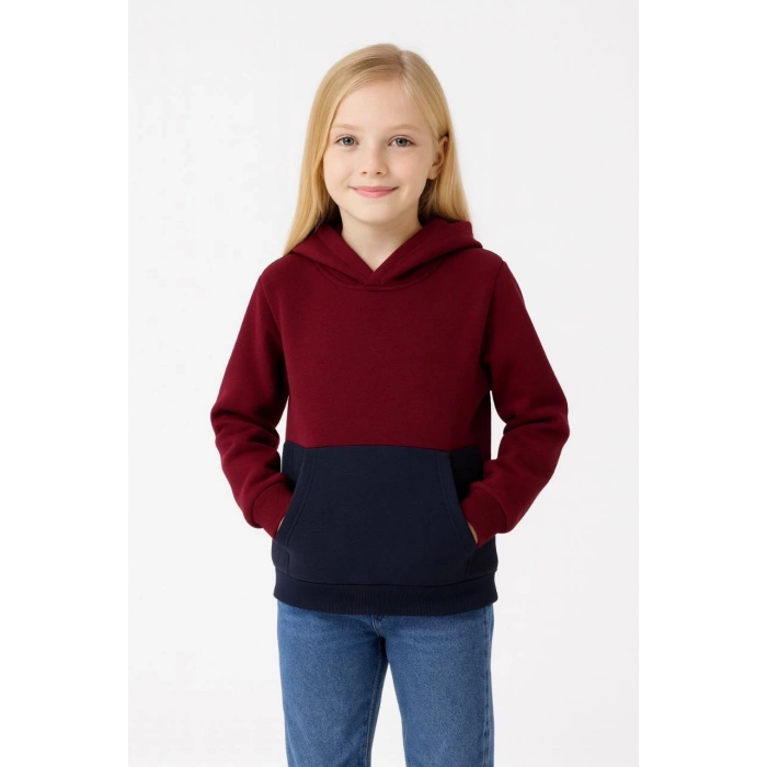 Kız Çocuk Kapüşonlu Kanguru Çepli Parçalı SweatShirt - Renkli
