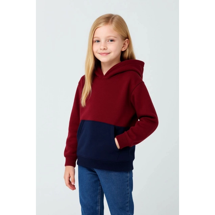 Kız Çocuk Kapüşonlu Kanguru Çepli Parçalı SweatShirt - Renkli