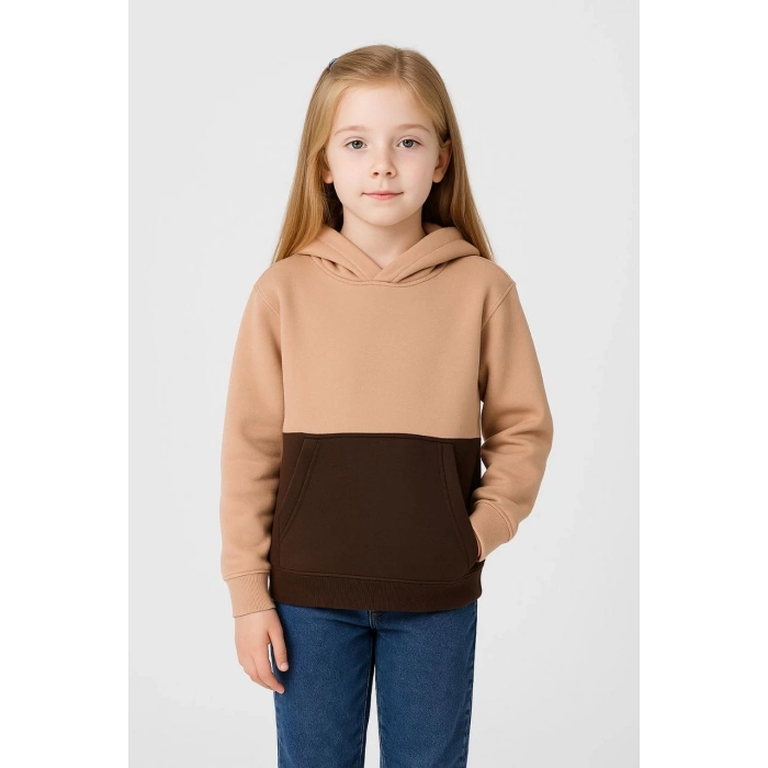 Kız Çocuk Kapüşonlu Kanguru Çepli Parçalı SweatShirt - Renkli