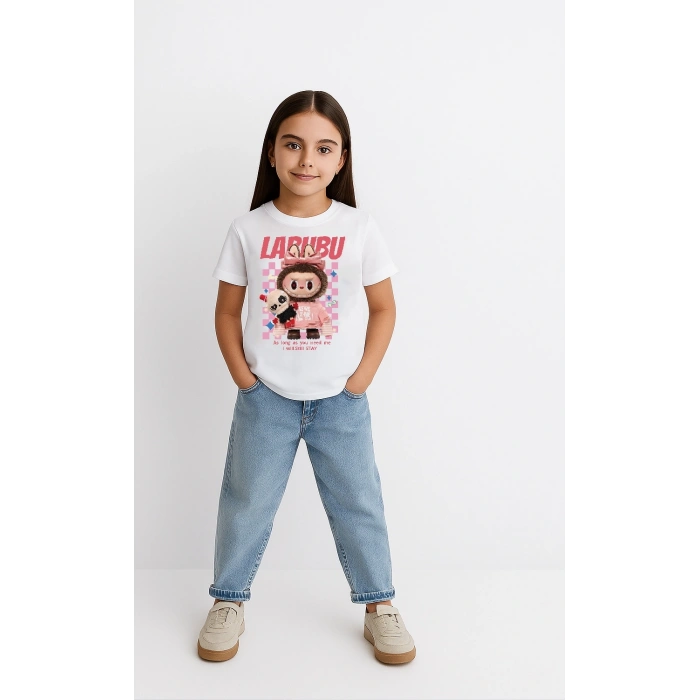Kız Labubu Çocuk Baskılı T-Shirt - Beyaz