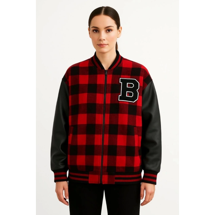 Kadın Kolej Ceket – Kareli Oduncu Kumaş, Kolları Suni Deri, Fermuarlı, İçi Kapitone Astarlı, Nakışlı Oversize Bahar & Kış Stil - Bordo