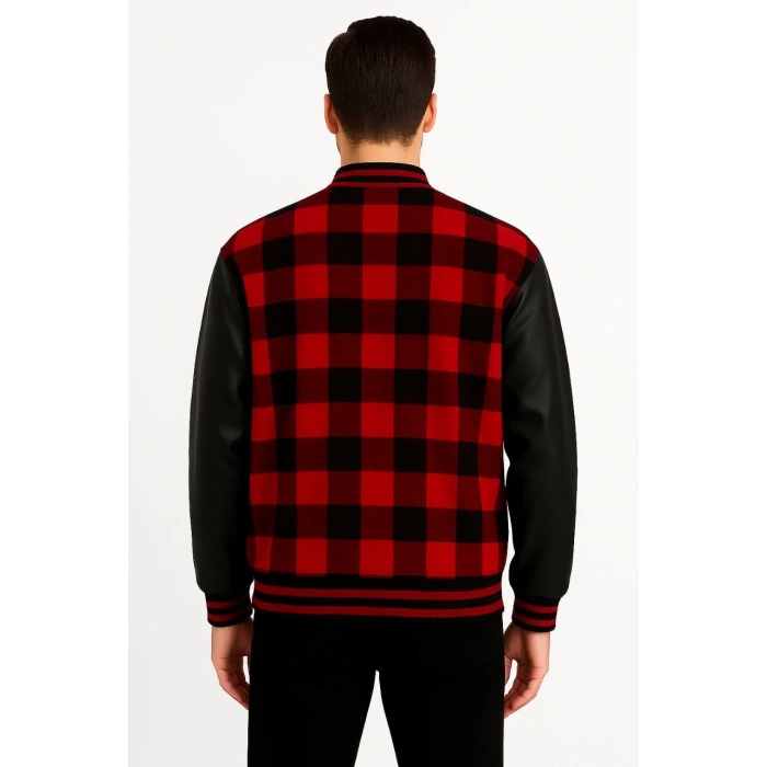 Erkek Kolej Ceket – Kareli Oduncu Kumaş, Kolları Suni Deri, Fermuarlı, İçi Kapitone Astarlı, Nakışlı Oversize Bahar & Kış Stil - Bordo