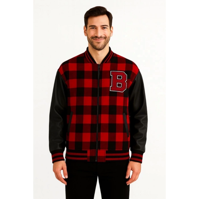 Erkek Kolej Ceket – Kareli Oduncu Kumaş, Kolları Suni Deri, Fermuarlı, İçi Kapitone Astarlı, Nakışlı Oversize Bahar & Kış Stil - Bordo