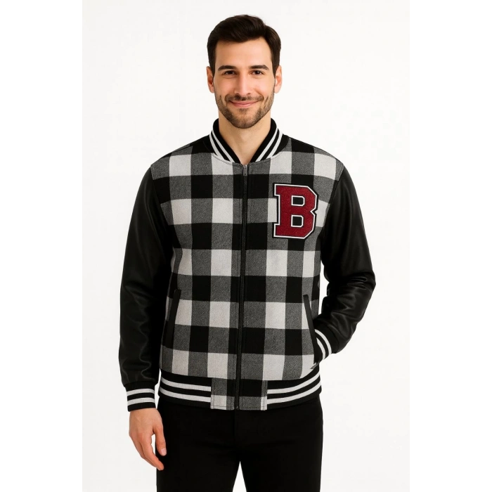 Erkek Kolej Ceket – Kareli Oduncu Kumaş, Kolları Suni Deri, Fermuarlı, İçi Kapitone Astarlı, Nakışlı Oversize Bahar & Kış Stil - Gri