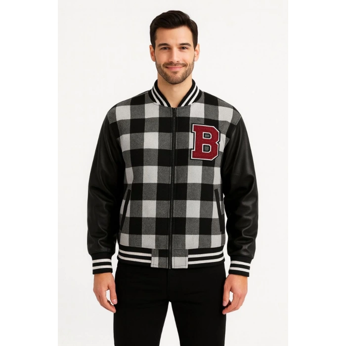 Erkek Kolej Ceket – Kareli Oduncu Kumaş, Kolları Suni Deri, Fermuarlı, İçi Kapitone Astarlı, Nakışlı Oversize Bahar & Kış Stil - Gri