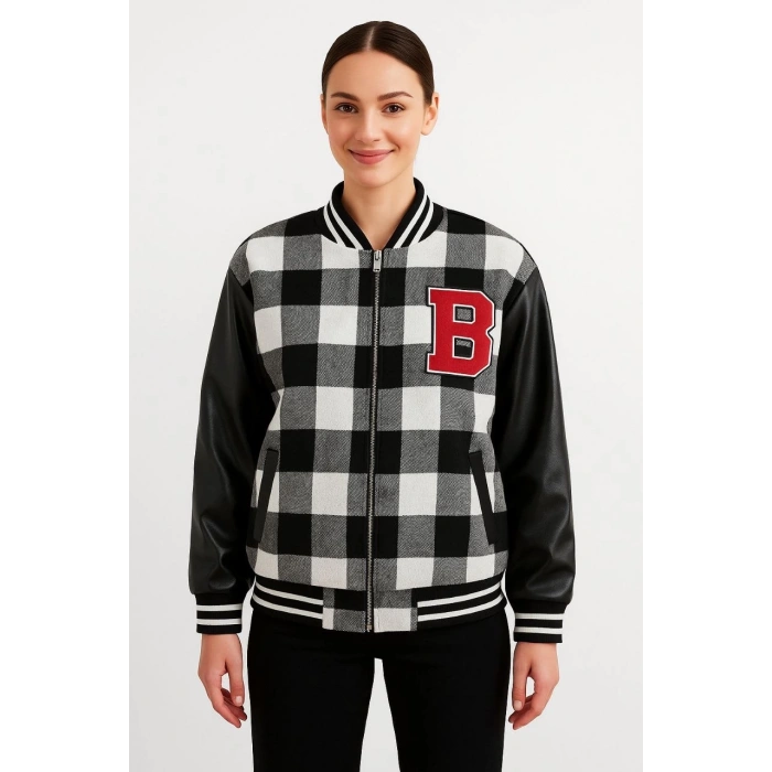 Kadın Kolej Ceket – Kareli Oduncu Kumaş, Kolları Suni Deri, Fermuarlı, İçi Kapitone Astarlı, Nakışlı Oversize Bahar & Kış Stil - Gri