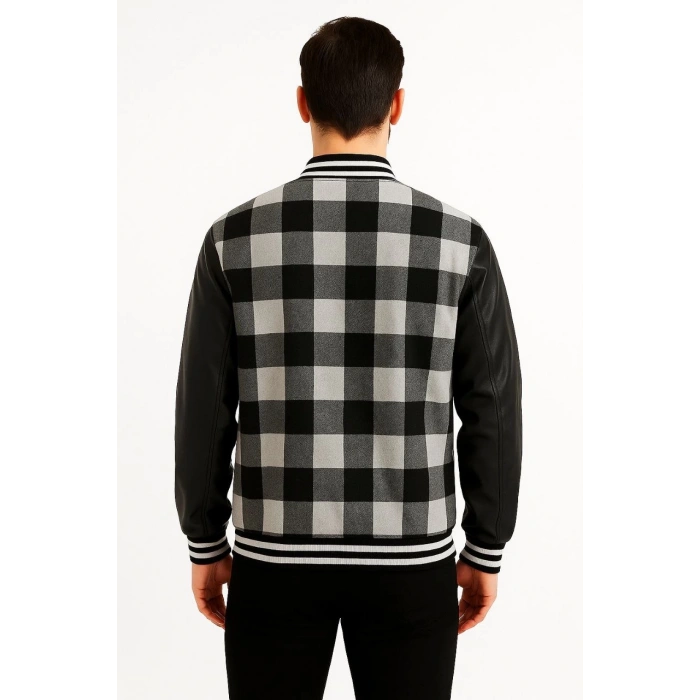 Erkek Kolej Ceket – Kareli Oduncu Kumaş, Kolları Suni Deri, Fermuarlı, İçi Kapitone Astarlı, Nakışlı Oversize Bahar & Kış Stil - Gri