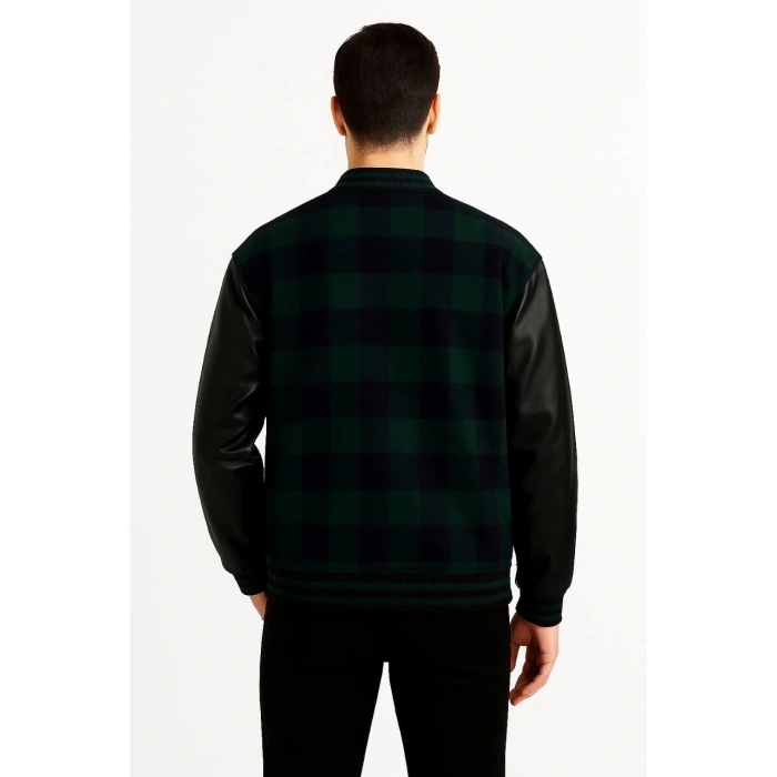 Erkek Kolej Ceket – Kareli Oduncu Kumaş, Kolları Suni Deri, Fermuarlı, İçi Kapitone Astarlı, Nakışlı Oversize Bahar & Kış Stil - Haki