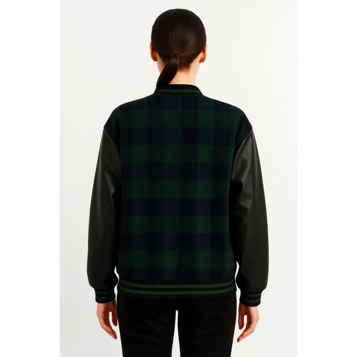 Kadın Kolej Ceket – Kareli Oduncu Kumaş, Kolları Suni Deri, Fermuarlı, İçi Kapitone Astarlı, Nakışlı Oversize Bahar & Kış Stil - Haki