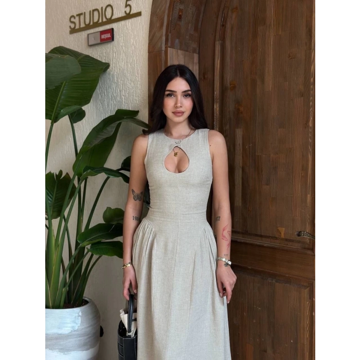 Kolsuz Uzun Kabardin Elbise - Gri