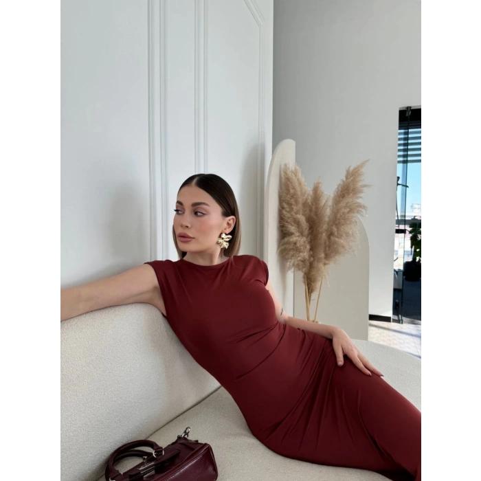 Kolsuz Uzun Likralı Elbise - Bordo