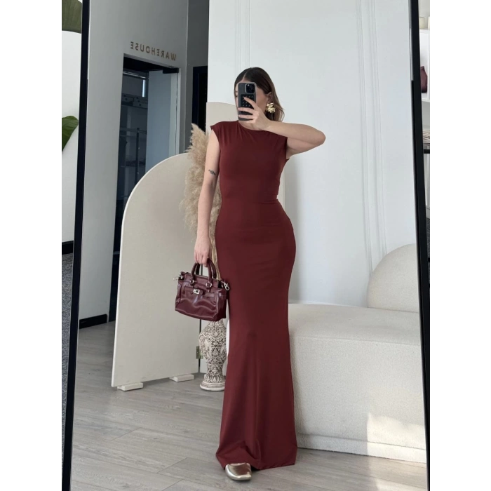 Kolsuz Uzun Likralı Elbise - Bordo