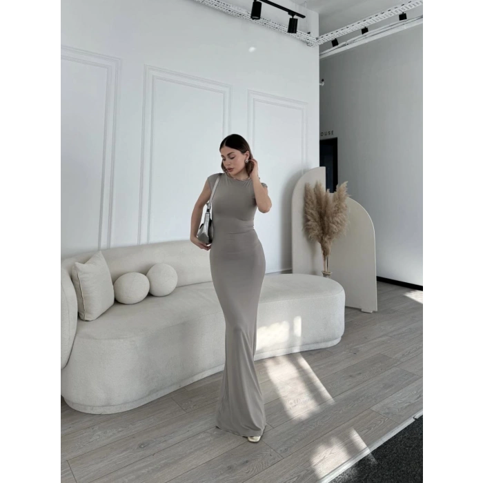 Kolsuz Uzun Likralı Elbise - Gri