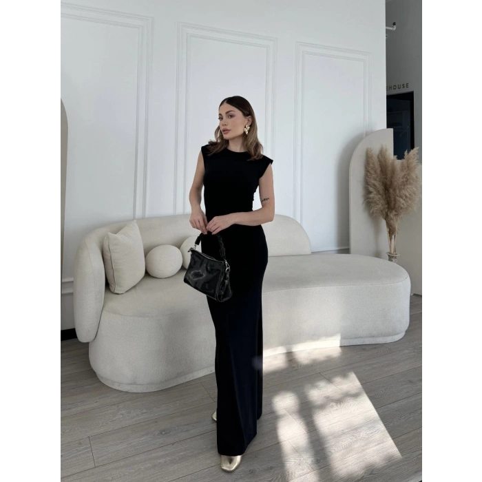 Kolsuz Uzun Likralı Elbise - Siyah