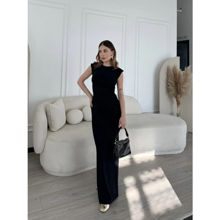 Kolsuz Uzun Likralı Elbise - Siyah