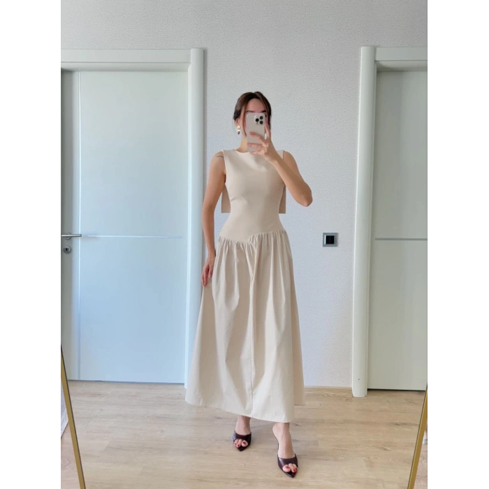 Krep Arkası Kanat Arka Ön Pens Detaylı Uzun Kadın Elbise - Bej