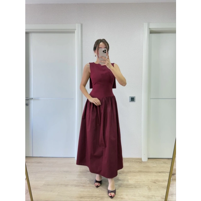 Krep Arkası Kanat Arka Ön Pens Detaylı Uzun Kadın Elbise - Bordo