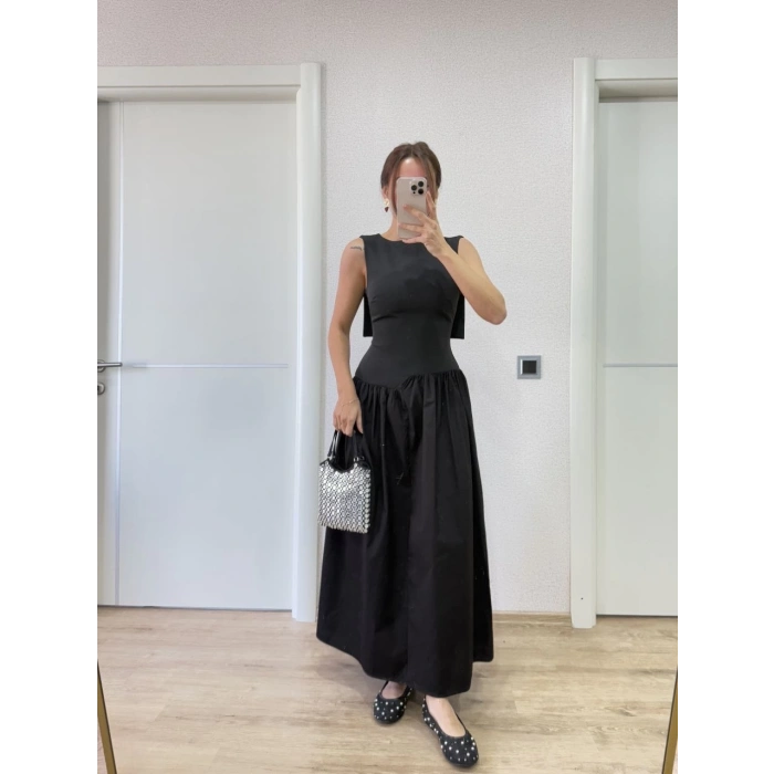 Krep Arkası Kanat Arka Ön Pens Detaylı Uzun Kadın Elbise - Siyah