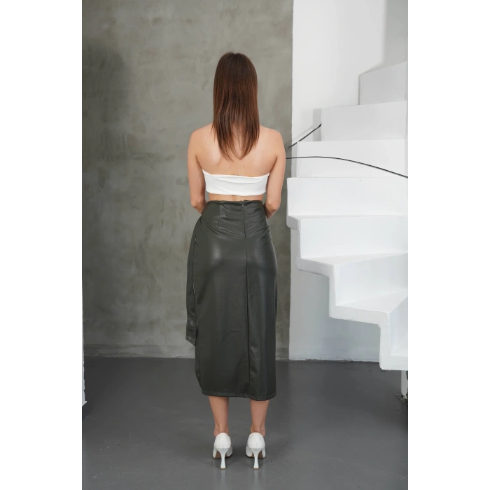 Kuşaklı uzun deri etek haki h26414