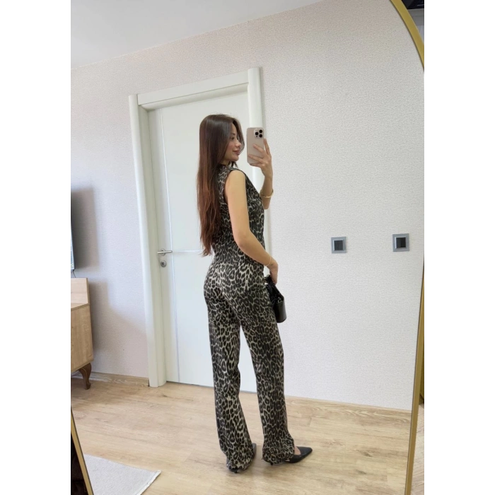 leopar desenli Düğmeli Bluzlu Pantolon İkili Takım -Leopar