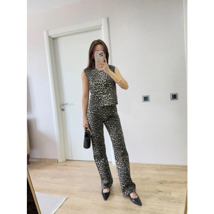 leopar desenli Düğmeli Bluzlu Pantolon İkili Takım -Leopar