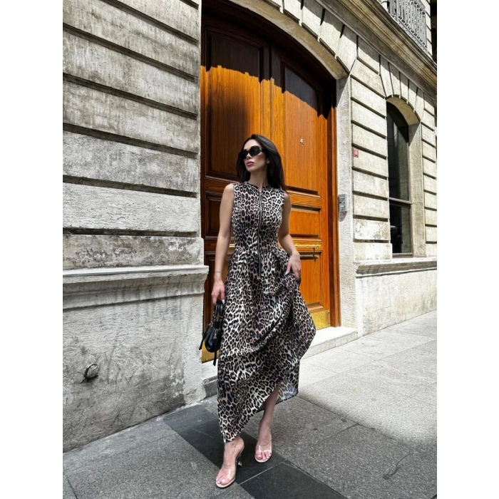 Leopar Desenli Fermuarlı Cepli Pileli Kadın Midi Elbise- Leopar