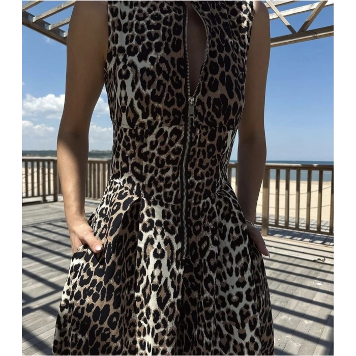 Leopar Desenli Fermuarlı Cepli Pileli Kadın Midi Elbise- Leopar