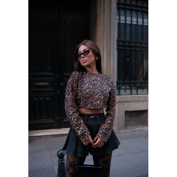 Leopar desenli Uzun Kollu Crop - Leopar