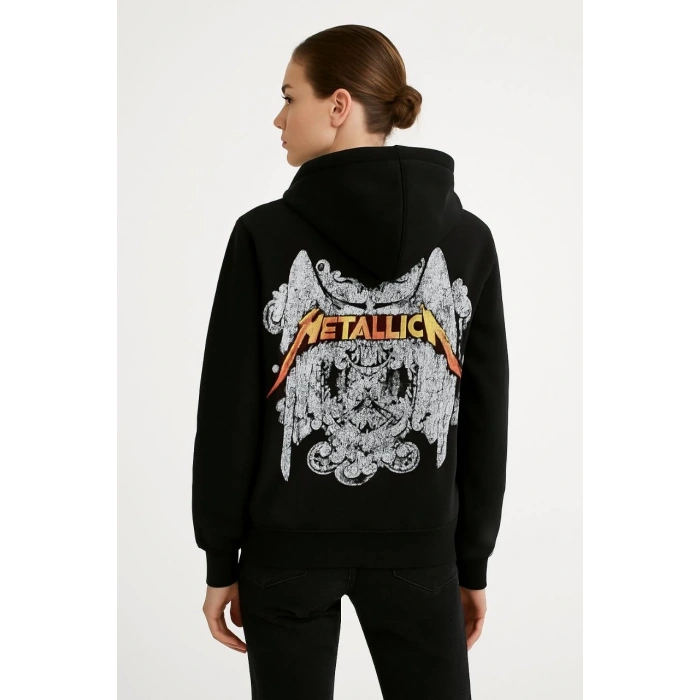 Metallica İki İplik Kapüşonlu Ön ve Arka Baskılı hoodie - Siyah