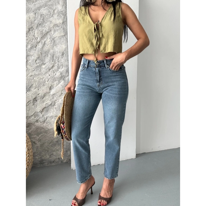 Mom fit bıyık kar yıkama jeans pantolon koyu mavi d2006