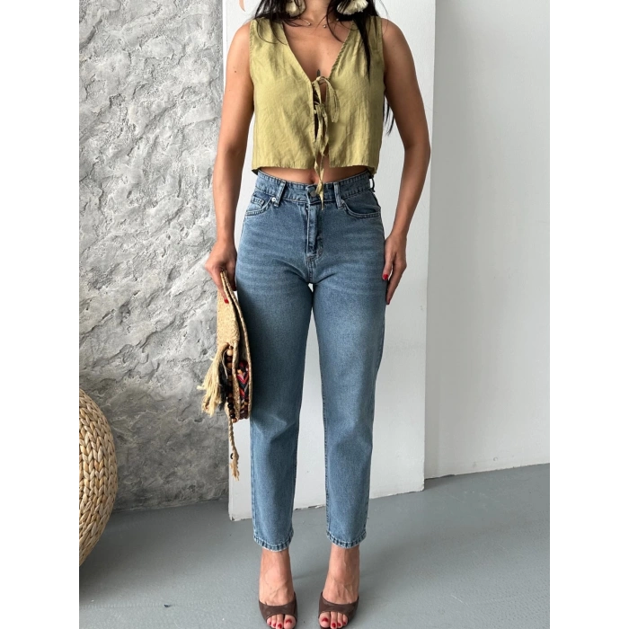 Mom fit bıyık kar yıkama jeans pantolon koyu mavi d2006