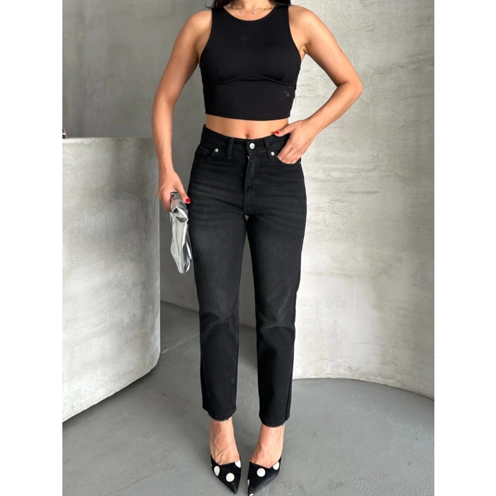 Mom fit enzim bıyıklı taş yıkama jeans pantolon siyah d2006