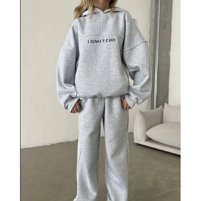 Nakış İşlemeli Üç İplik Sweat Takım- Gri