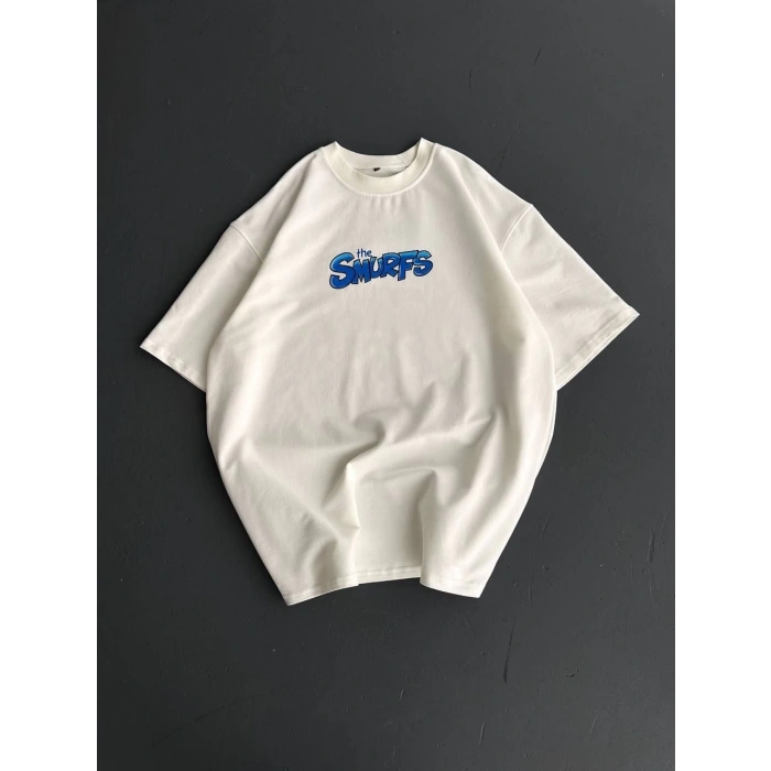 Ön ve Arka Baskılı Oversize Bisiklet Yaka T-shirt- Beyaz