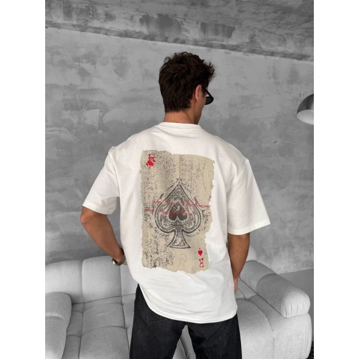 Ön ve Arka Baskılı Oversize Bisiklet Yaka T-shirt - Beyaz