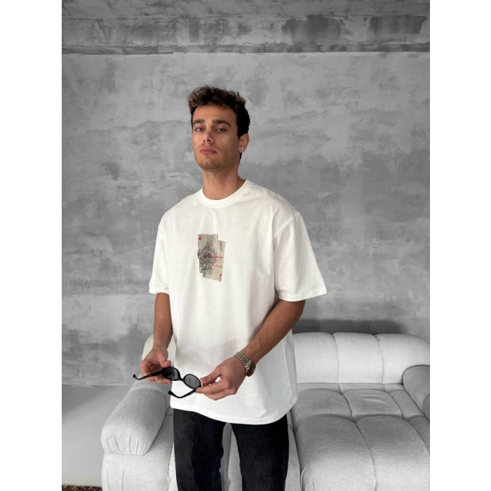 Ön ve Arka Baskılı Oversize Bisiklet Yaka T-shirt - Beyaz
